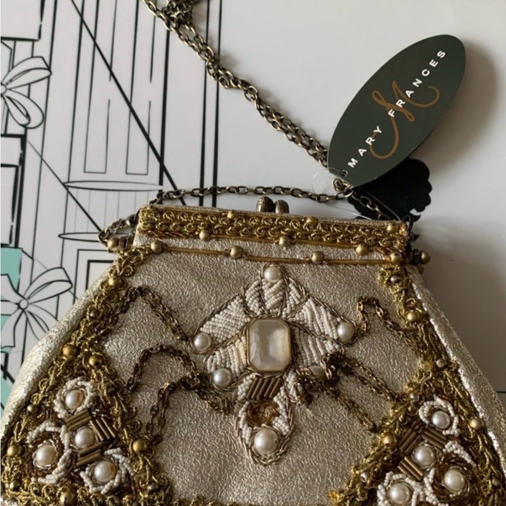 Mary Frances Gold and Pearl Embellished Evening Clutch with Autograph NWT